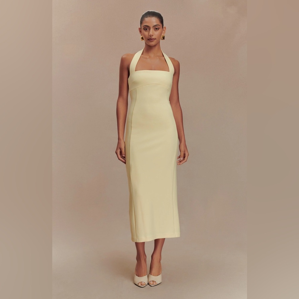 NWT- MESHKI Amelita Suiting Halter Midi Dress (Lemon)